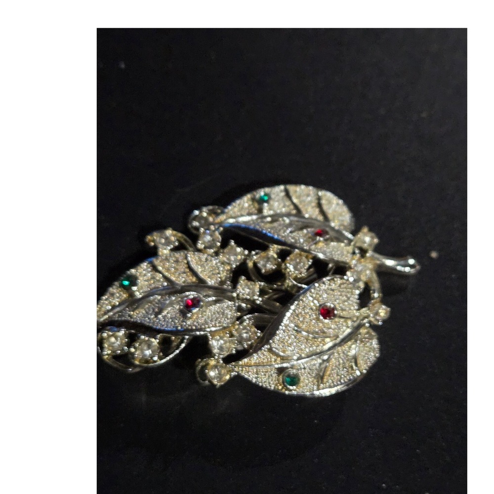 Leaf Brooch Silver Red Green Rhinestone Vintage Holiday Pin Christmas